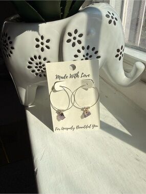 Sterling Silver Hoop Earrings with Light Raw Cut Amethyst Charm